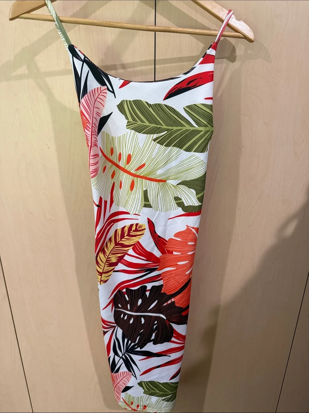 Boho Tropical Leaf Print Midi Dress - White Background with Green & Coral Leaves